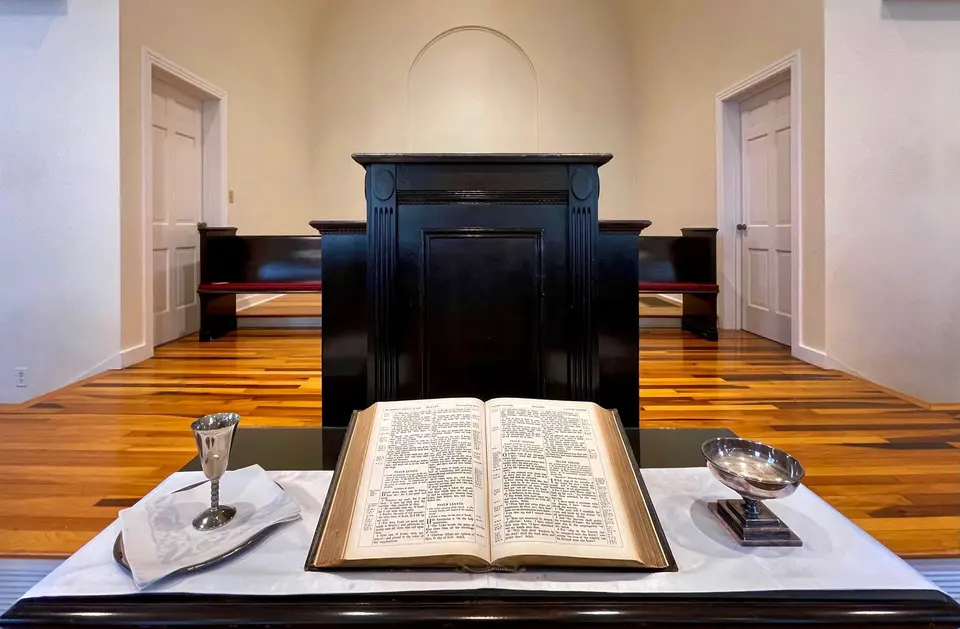 The pulpit and communion table at Calvary OPC